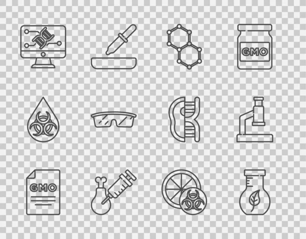 Set line GMO, Tubo de ensayo y matraz, Fórmula química, Pollo de investigación Gmo, Modificación de ingeniería genética, Gafas de laboratorio, Naranja modificada genéticamente y Microscopio icono. Vector — Archivo Imágenes Vectoriales