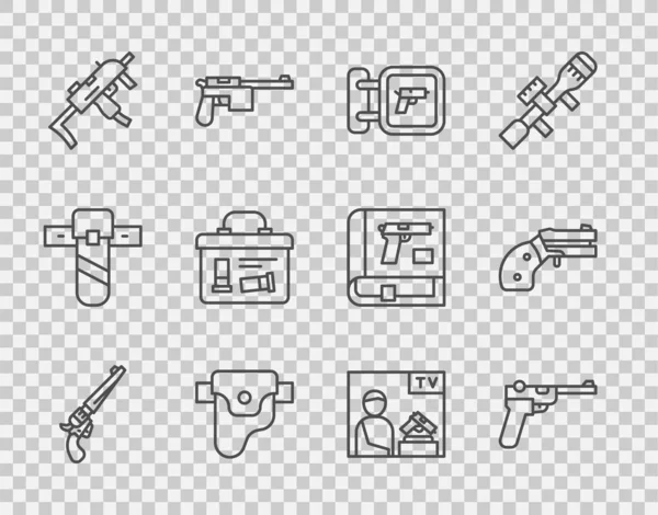 Set line Revolver gun, Mauser, Hunting shop weapon, Gun holster, MP9I submachine, Military ammunition box, Advertising and Small revolver icon. Vector — Stock Vector