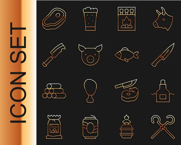 Set line BBQ skewers, Kitchen apron, Meat chopper, Matchbox and matches, Pig, Steak meat and Fish icon. Vector — Stock Vector