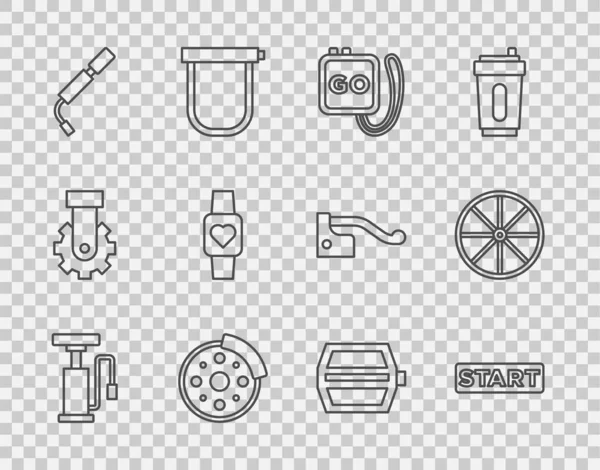 Set line Fietsluchtpomp, Lint in afwerkingslijn, Stopwatch, remschijf, Smart, pedaal en wielpictogram. Vector — Stockvector