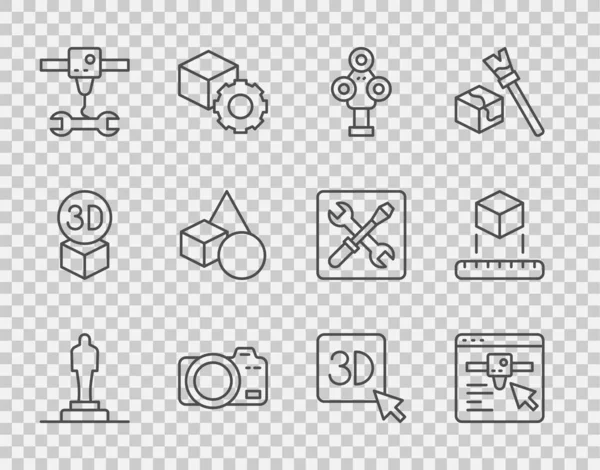 Set line 3D printer model, setting, scanner, Photo camera, wrench spanner, Basic geometric shapes, and Isometric cube icon. Vector — Stock Vector