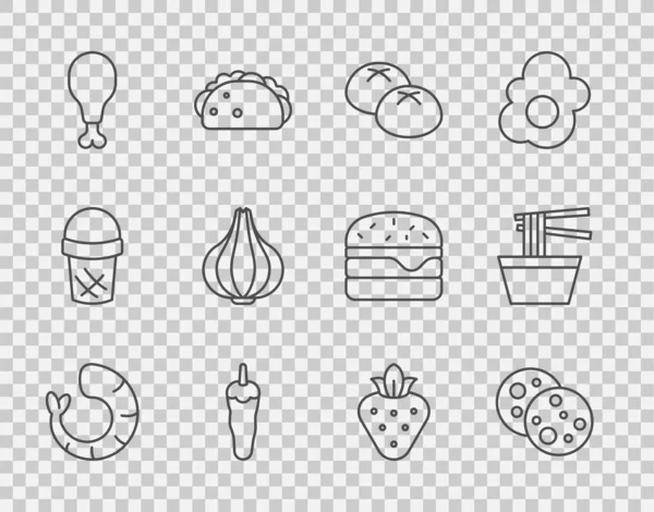 在碗图标中设置一系列虾仁、巧克力饼干、面包面包、辣椒、鸡腿、大蒜、草莓和亚洲面。B.病媒 — 图库矢量图片