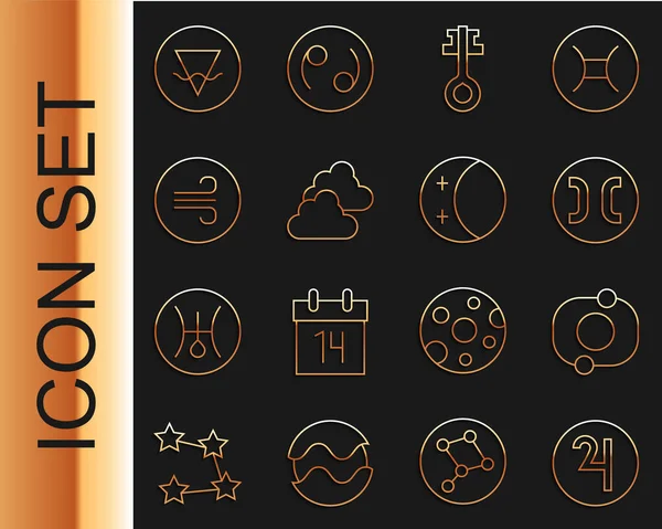 Set line Symbole Jupiter, Système solaire, Zodiaque des Poissons, Vieille clé magique, Météo nuageuse, Vent, Élément de la Terre et Eclipse de l'icône du soleil. Vecteur — Image vectorielle