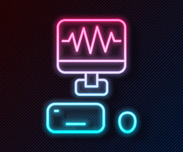 Gloeiende neon lijn Muziekgeluid opname studio control room met professionele apparatuur pictogram geïsoleerd op zwarte achtergrond. Vector — Stockvector