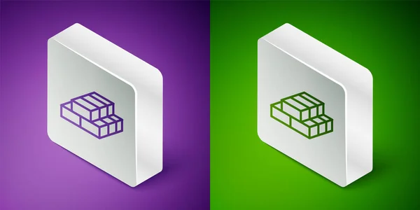 Isometric line Stacks paper money cash icon isolated on purple and green background. Money banknotes stacks. Bill currency. Silver square button. Vector — Stock Vector
