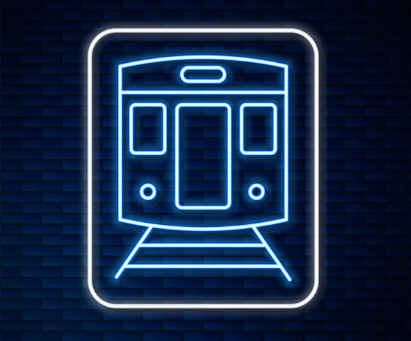 Glowing neon line Train and railway icon isolated on brick wall background. Public transportation symbol. Subway train transport. Metro underground. Vector — Stock Vector