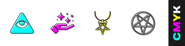 Set Frimurare, Sparkle stjärnor med magi trick, Pentagram halsband och i cirkel ikon. Vektor — Stock vektor