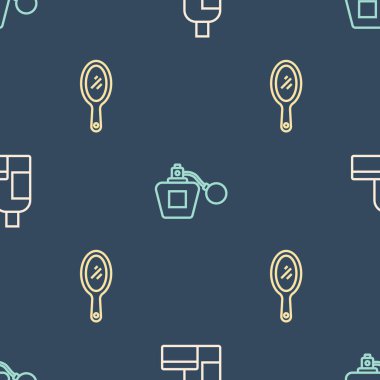 Krem ya da losyon kozmetik tüpü, el aynası ve parfümü pürüzsüz desene ayarlayın. Vektör