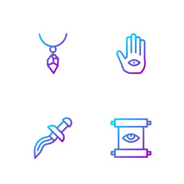 Eskiler 'in sihirli parşömeni, hançer, kristal ve Hamsa eli ile kolye. Renk simgeleri. Vektör