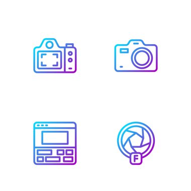 Hat kepengi, laptop 'a video kaydedici, fotoğraf makinesi ve... Renk simgeleri. Vektör