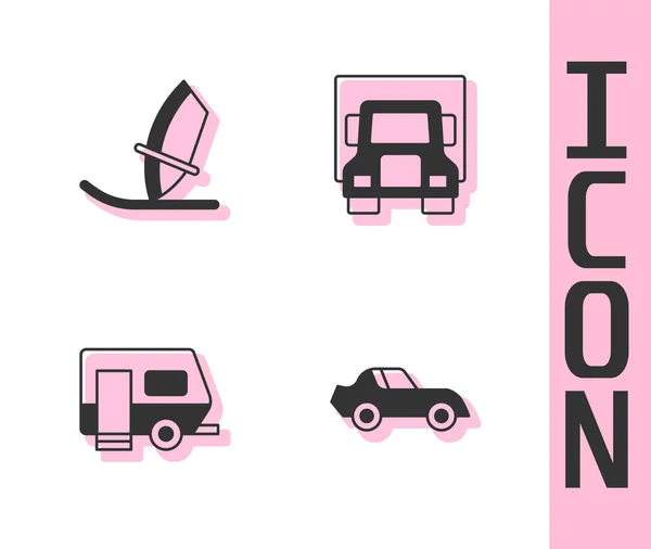 Set auto, windsurf, camper roulotte e consegna icona camion merci. Vettore — Vettoriale Stock