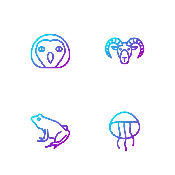 Establecer línea medusas, rana, búho pájaro y cabeza de cabra o carnero. Iconos de color degradado. Vector — Archivo Imágenes Vectoriales