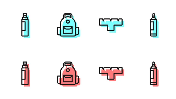 Establecer línea Marcador pen attachment,, Mochila de la escuela y el icono. Vector — Archivo Imágenes Vectoriales