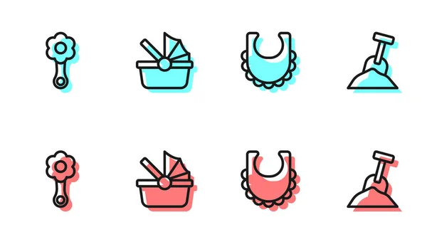 Set line Baby bib, Rattle baby toy, stroller and Sandbox with sand and shovel icon. Vector — Stock Vector