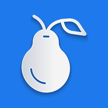 Kağıt kesiği Armut simgesi mavi arkaplanda izole edildi. Yaprak sembollü meyve. Kağıt sanatı tarzı. Vektör