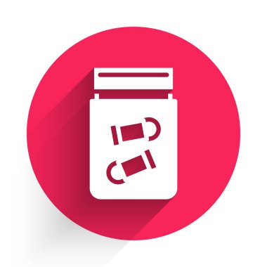 Uzun gölgeli, kurşun ikonlu beyaz kanıt torbası. Kırmızı daire düğmesi. Vektör