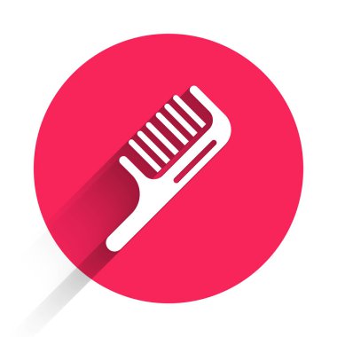 Beyaz saç fırçası simgesi uzun gölge arkaplan izole. Taraklı saç işareti. Berber sembolü. Kırmızı daire düğmesi. Vektör