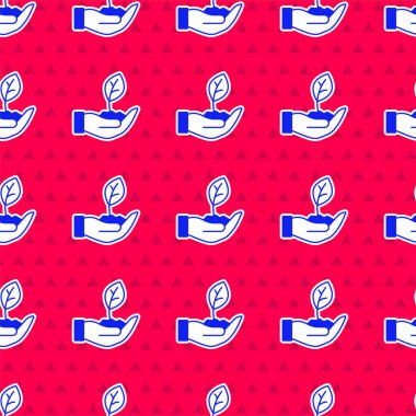 Çevre koruma ikonunun elindeki Mavi Santral kırmızı arka planda izole edilmiş pürüzsüz desen. Tohum ve tohum. Fidan dikiyorum. Vektör