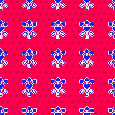 Mavi Amour sembolü, kalp ve ok ikonu, kırmızı arka planda izole edilmiş, pürüzsüz desen. Aşk işareti. Sevgililer günün kutlu olsun. Vektör