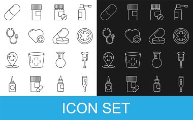 Tıbbi termometre, koltuk değneği ya da koltuk değneği, acil durum sembolü ilaç şişesi ve haplar, haçlı kalp, stetoskop, tablet ve ikon. Vektör