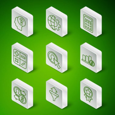 Yıldız madalyası, insan kafası soru işareti, iş elbisesi, hesap makinesi, dünya küresi ve teçhizat kullanıcısı, iş tanıtım parası ve turta grafiksel dolar ikonu. Vektör