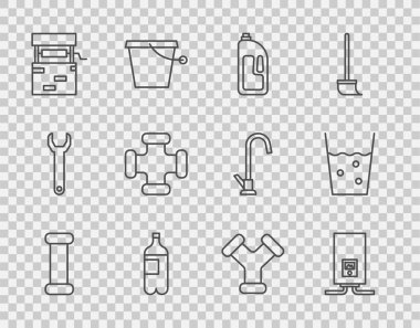 Hat hattı metalik borular, yanan ateşle gaz kazanları, konteynır temizleyicisi, bir şişe su ve cam ikon. Vektör