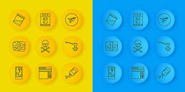 Telefondan uyuşturucu alma, kokain paketi, kafatası çapraz kemikleri, ilaç şişesi ve haplar, eroin kaşığı, plastik torba dolusu Ulak ve Sigara paket ikonu. Vektör