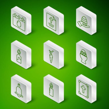 Kutsal İncil kitabı, yanan mum, Paskalya yumurtalı takvim, havuç, tebrik kartı Happy zil ve ayakta duran ikon. Vektör