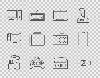 Hattı ayarla, Charger, Smartwatch, Laptop, kablosuz oyun sahası, bilgisayar monitörü, grafiksel tablet, anten ve akıllı telefon, cep telefonu simgesi. Vektör