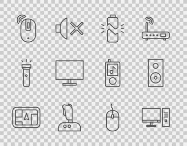Satır GPS cihazını harita, bilgisayar monitörü, bozuk pil, atari makinesi, kablosuz bilgisayar faresi, ekran ve Stereo hoparlör simgesi ile ayarla. Vektör
