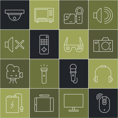 Kablosuz bilgisayar faresi, kulaklıklar, fotoğraf makinesi, sinema, uzaktan kumanda, hoparlör, hareket sensörü ve akıllı gözlük simgesi ayarla. Vektör