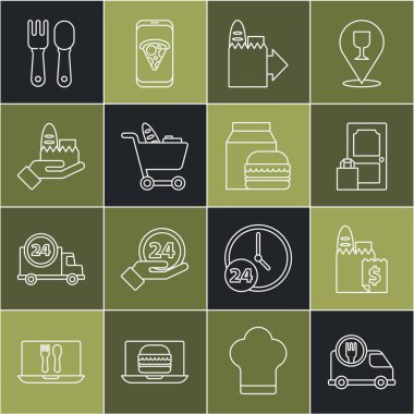 Arabayla hızlı teslimat, online sipariş ve alışveriş arabası yemeği, çatal kaşığı ve hamburger ikonu. Vektör