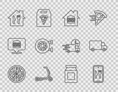 Pizza, sipariş ve teslimat hattı, Scooter, Donut ve Fast 'i araba ikonuna göre ayarla. Vektör