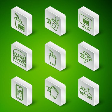 Scooter teslimatı, paket kahve fincanı, su, burger, online erişte ve pizza ikonu siparişi. Vektör