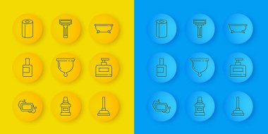 Bir kalıp sabun, temizlik malzemesi için şişe, regl kupası, lastik pompa, şampuan, kağıt havlu rulosu, küvet ve tıraş jileti ikonu. Vektör