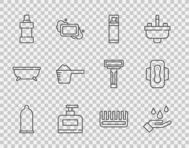 Hat kondomu, sabunla el yıkama, tıraş jeli köpüğü, şampuan şişesi, temizlik malzemesi, toz, saç fırçası ve hijyenik peçete ikonu. Vektör