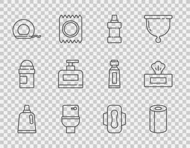 Temizlik malzemesi için şişe, kağıt havlu rulosu, klozet, diş ipi, şampuan, hijyenik peçete ve ıslak mendil ikonu. Vektör