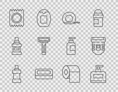 Temizlik malzemesi, şampuan, diş ipi, bar sabunu, prezervatif paketi güvenli seks traş bıçağı, tuvalet kağıdı rulosu ve Epilatör ikonu. Vektör