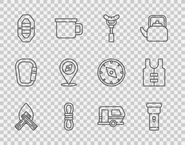 Kamp ateşi, el feneri, çatalda sosis, tırmanma ipi, rafting botu, pusula, karavan ve can yeleği ikonu. Vektör