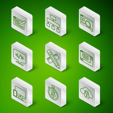 Satır Cloud bilgisayar kilidi, zaman para, UI veya UX tasarımı, çapraz cetvel ve kalem, ön uç geliştirme, site haritası, monitör mobil ve simge. Vektör