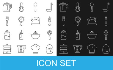Hattı ayarla, mutfak zamanlayıcısı, Spatula, blender, kaşık, tava, çatal, elektrikli su ısıtıcısı ve ikonlu su ısıtıcısı. Vektör