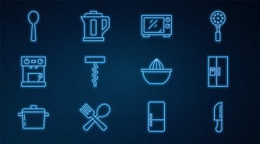 Sıralı bıçak, buzdolabı, mikrodalga fırın, şarap tirbuşonu, kahve makinesi, kaşık, meyve sıkacağı ve elektrikli su ısıtıcısı. Vektör