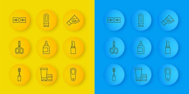 Mascara fırçası, makas, krem losyon kozmetik tüpü, ayak için sünger taşı, ruj, sivilce ve şampuan ikonu. Vektör