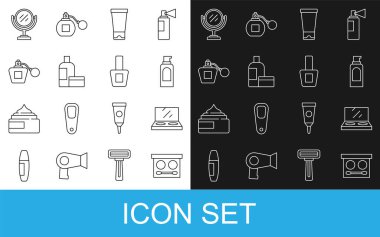 Göz farı paleti, aynalı makyaj tozu, saç spreyi spreyi, krem losyon kozmetik tüpü, parfüm, yuvarlak makyaj malzemesi ve tırnak cilası şişesi ikonu. Vektör