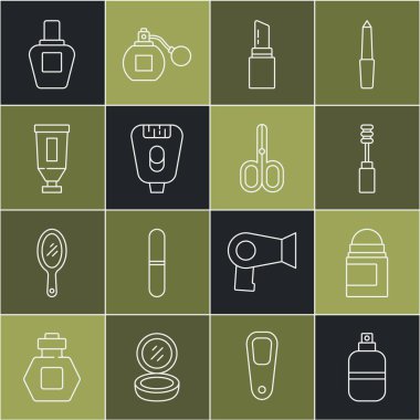 Parfüm, terleme önleyici deodorant rulo, Mascara fırçası, ruj, Epilatör, Krem losyon kozmetik tüp ve makas ikonu. Vektör