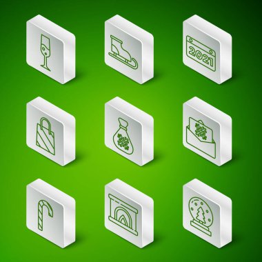 Noel kar küresi, şömine, bir kadeh şampanya, Noel Baba çantası hediyesi, alışveriş, artistik patenler, şeker kamışı ve kartpostal ikonu. Vektör