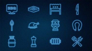 Hattı çapraz çatal ve spatula, sosis, barbekü ezmesi, kızarmış hindi tavuk, ateş, barbekü, Brick soba ve biftek ikonu ile yanan kibrit. Vektör