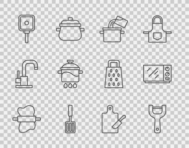 Hamur, sebze soyacağı, pişirme kabı, barbekü spatulası, kızartma tavası, kesme tahtası, bıçak ve mikrodalga fırın ikonu. Vektör