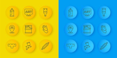 Satır İşaretleyici kalem eklentisi, boya spreyi, kova, lastik eldiven, metin sanatları ikonlu fırça ve konuşma balonu. Vektör