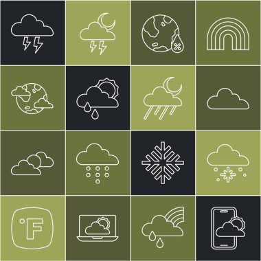 Hava tahminlerini belirle, karlı bulut, su damlası yüzdesi, yağmur ve güneş, Dünya gezegeni bulutları, fırtına ve ay ikonu. Vektör
